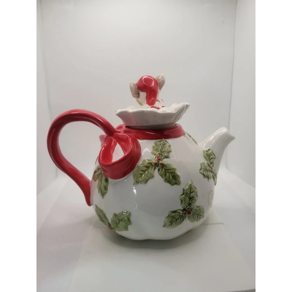 Vtg Omnibus Christmas Mice Holly Berry Ceramic Teapot Holiday Decor
